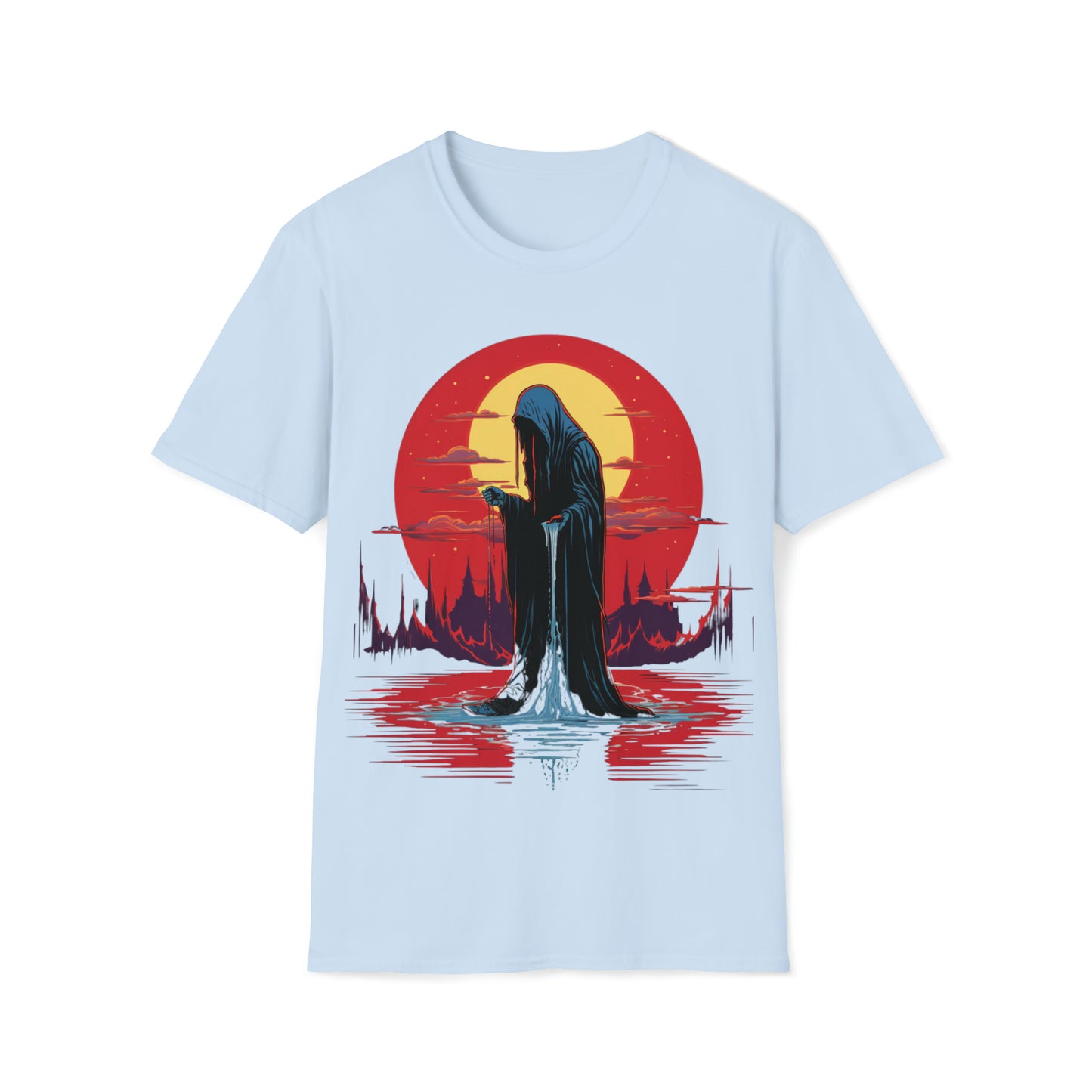 Halloween Reaper Red Sun Weeping on Pool of Black Water Tee Shirt - Eerie Fantasy Fashion