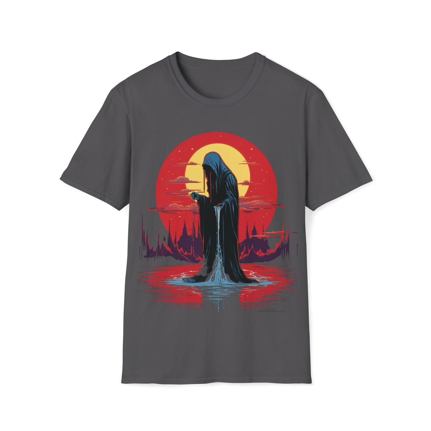 Halloween Reaper Red Sun Weeping on Pool of Black Water Tee Shirt - Eerie Fantasy Fashion