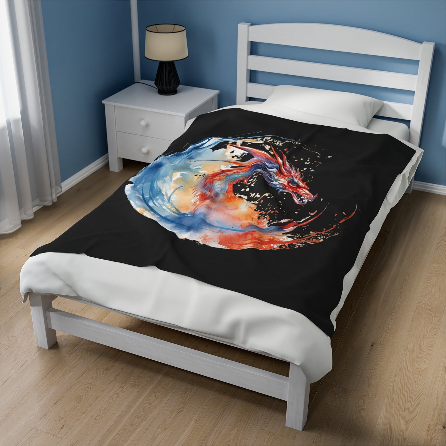 Dragon Watercolor Velveteen Plush Blanket - Captivating Fantasy Art Bedding, Magical Art, Dragon Lover, Enchanting Design, Mystical Beauty,