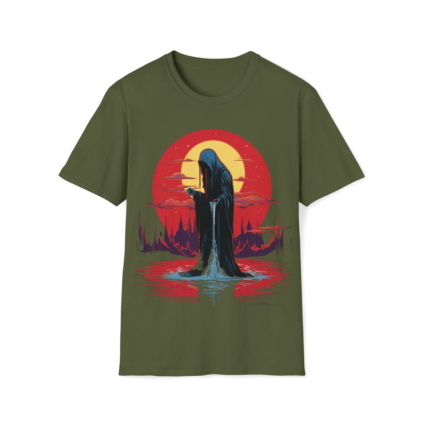Halloween Reaper Red Sun Weeping on Pool of Black Water Tee Shirt - Eerie Fantasy Fashion