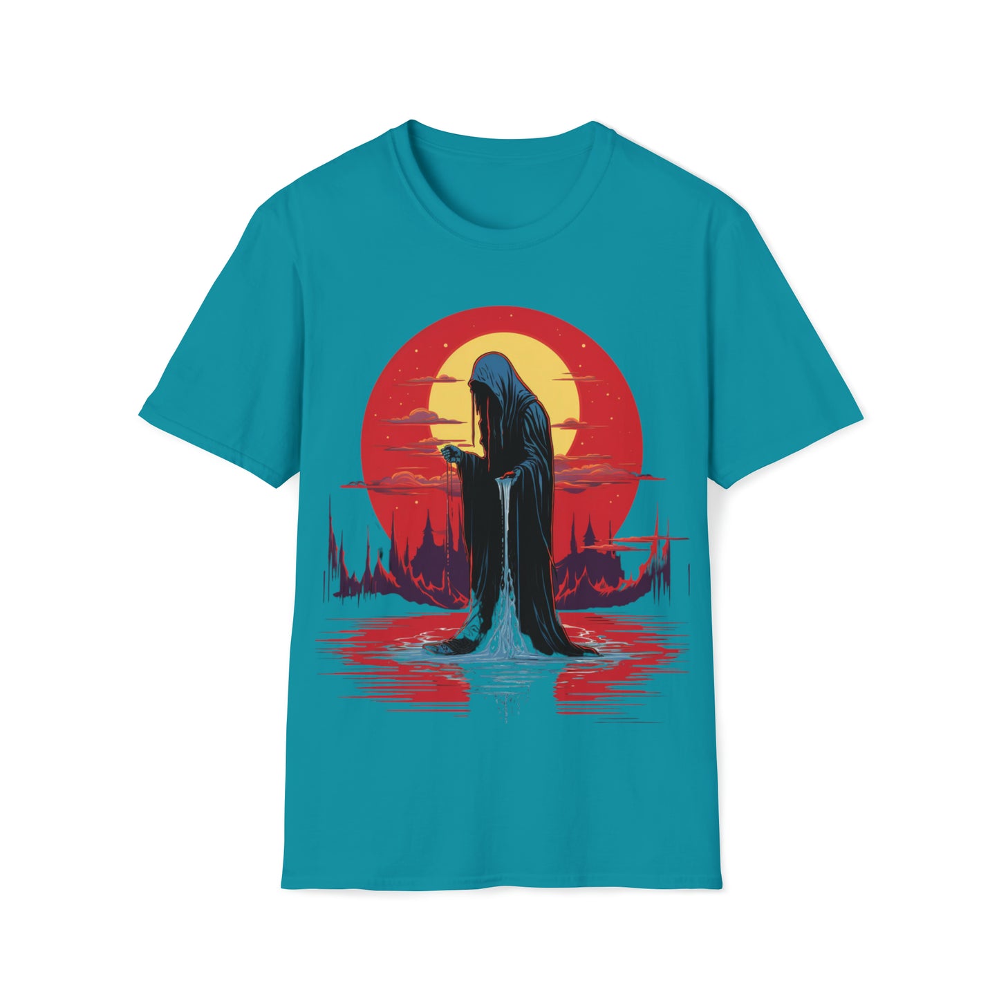 Halloween Reaper Red Sun Weeping on Pool of Black Water Tee Shirt - Eerie Fantasy Fashion