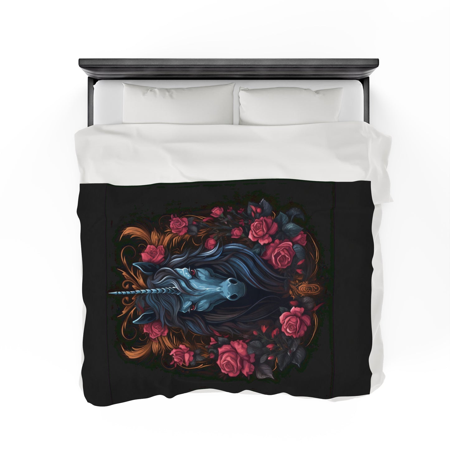 Enchanting Medieval Skeletal Black Unicorn! Velveteen Plush Blanket. Witchy Gifts Fairycore, Goth Gift for Her