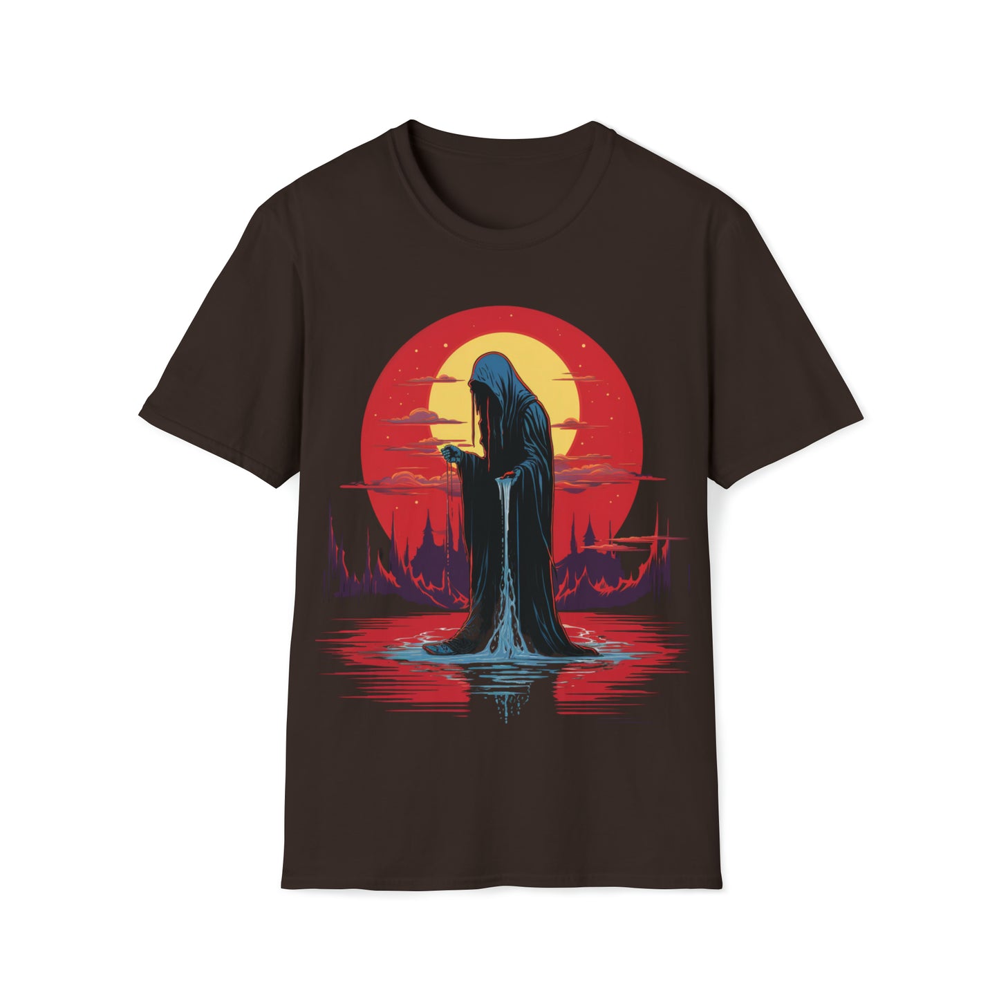 Halloween Reaper Red Sun Weeping on Pool of Black Water Tee Shirt - Eerie Fantasy Fashion