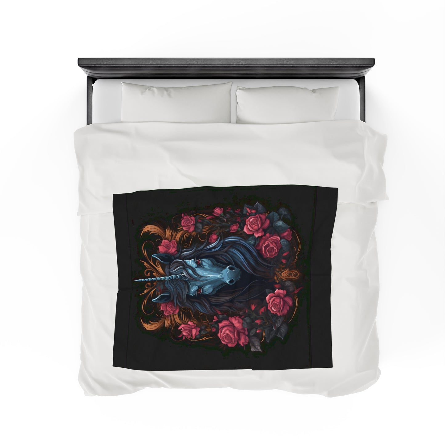 Enchanting Medieval Skeletal Black Unicorn! Velveteen Plush Blanket. Witchy Gifts Fairycore, Goth Gift for Her