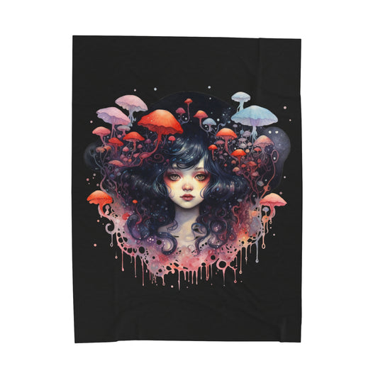 Dark Fae Mushrooms Watercolor Art Velveteen Plush Blanket - Enchanting Fantasy Home Decor