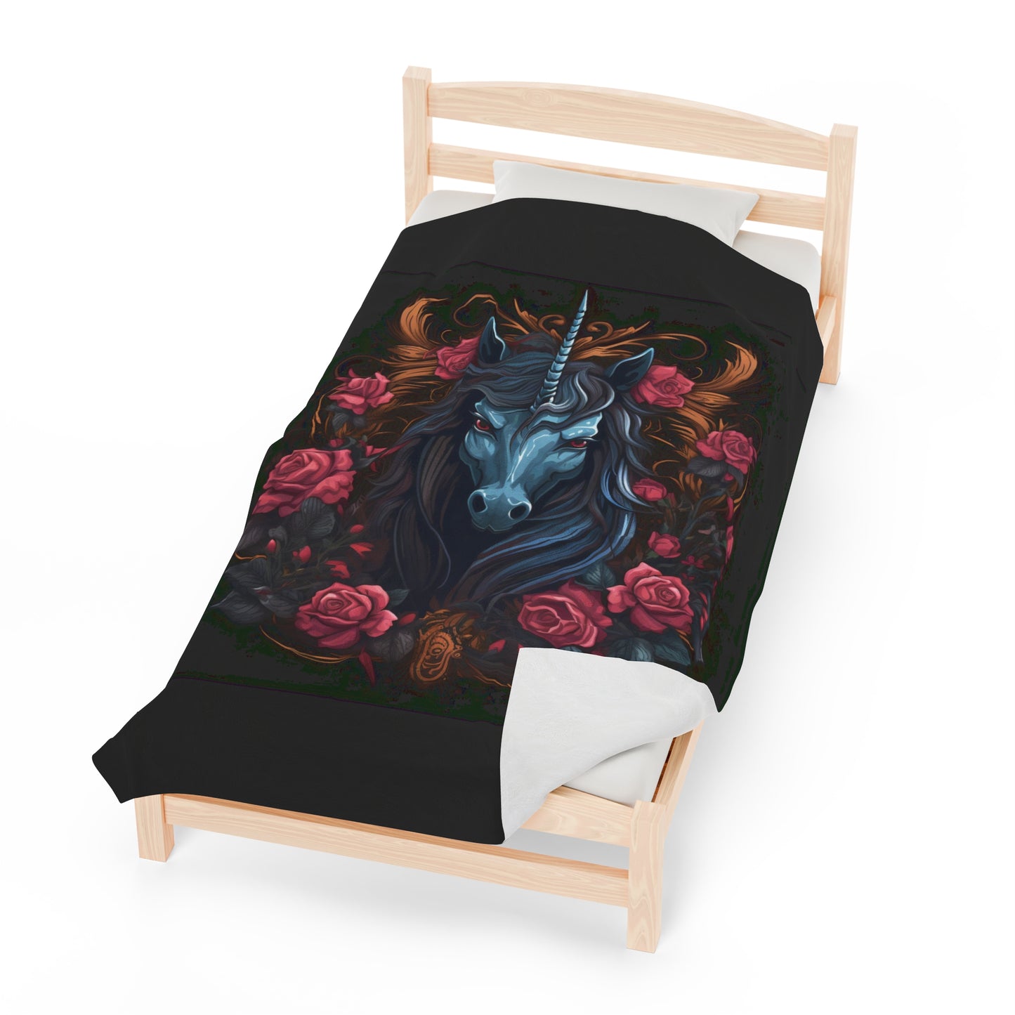 Enchanting Medieval Skeletal Black Unicorn! Velveteen Plush Blanket. Witchy Gifts Fairycore, Goth Gift for Her