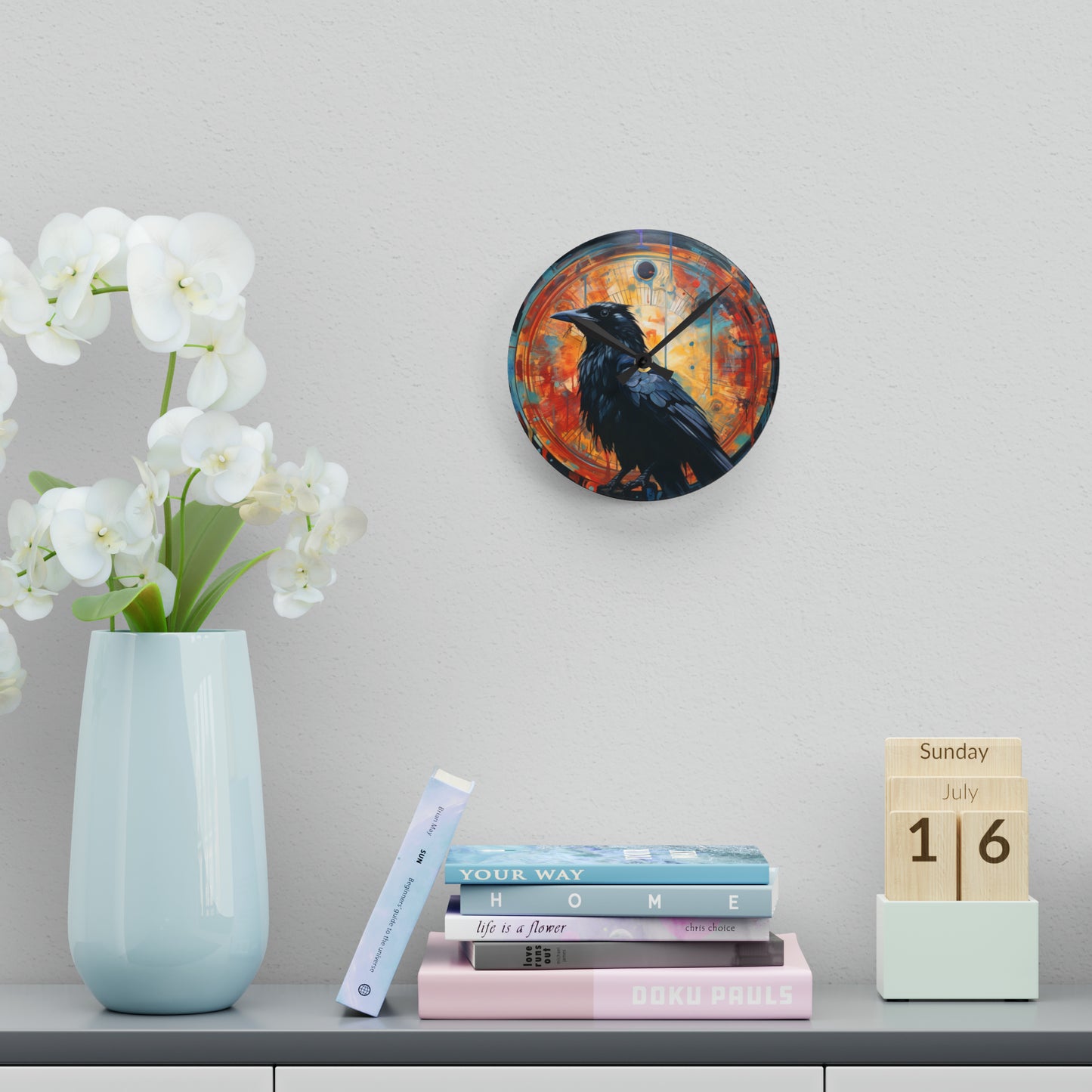 Haloed Crow Acrylic Wall Clock Art - Mystical and Whimsical Home Decor, Nature-Inspired, Magical Enchanting Timepiece, Whimsical Crow Design
