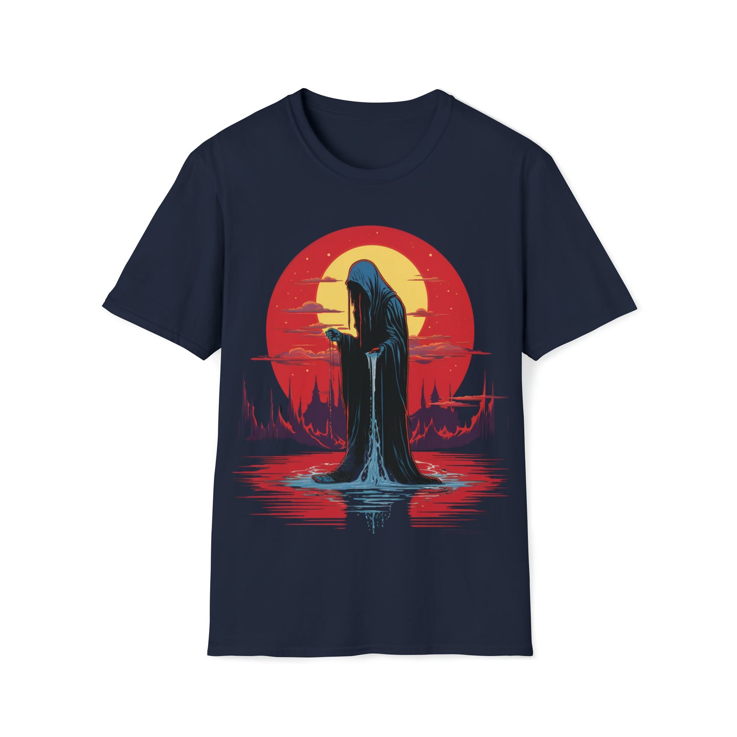 Halloween Reaper Red Sun Weeping on Pool of Black Water Tee Shirt - Eerie Fantasy Fashion