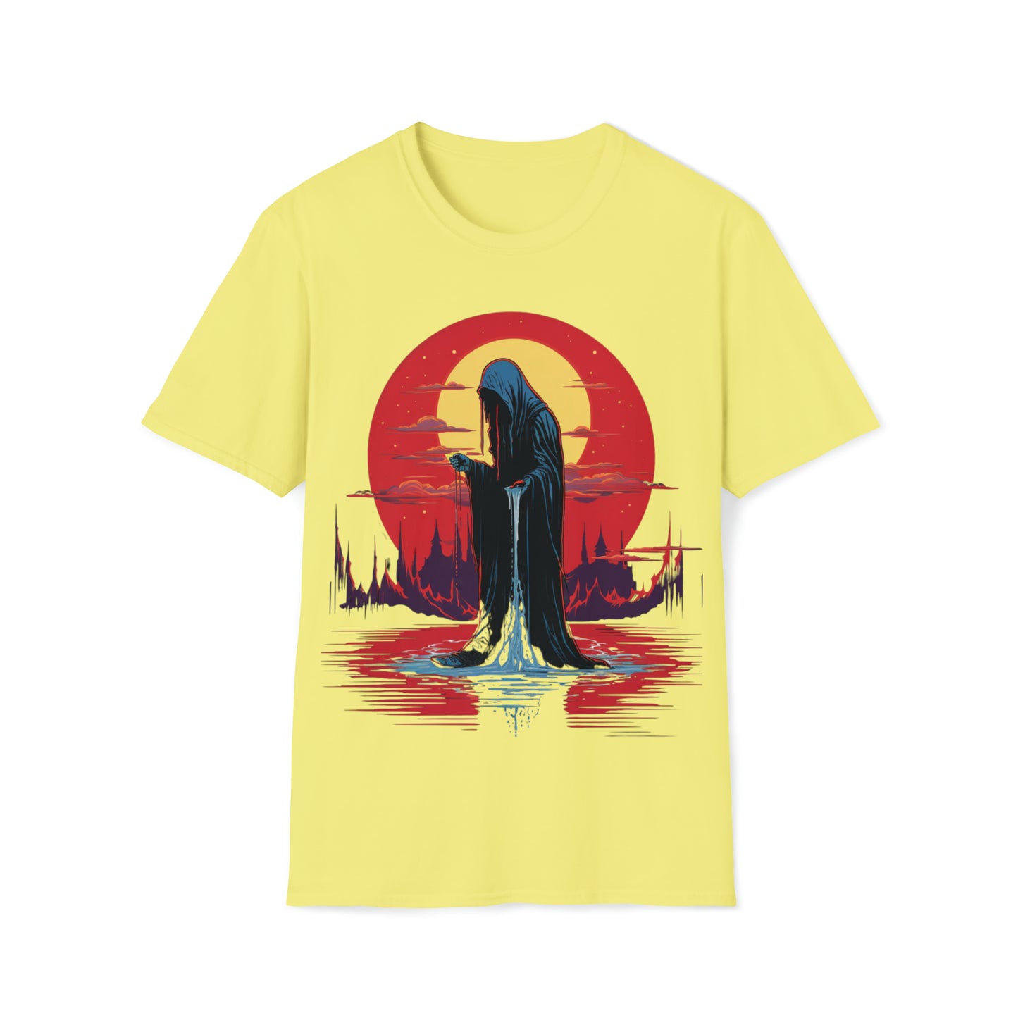 Halloween Reaper Red Sun Weeping on Pool of Black Water Tee Shirt - Eerie Fantasy Fashion