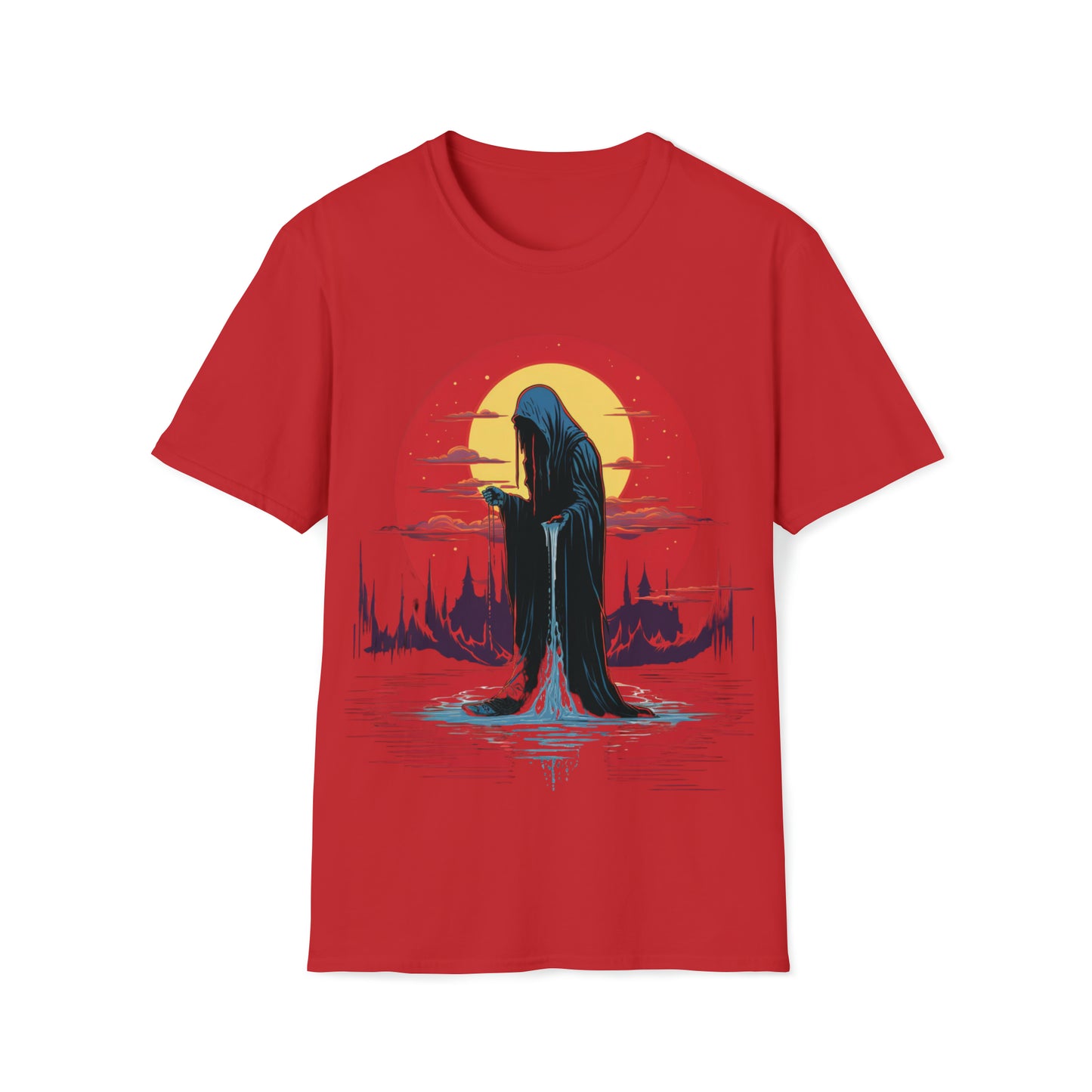 Halloween Reaper Red Sun Weeping on Pool of Black Water Tee Shirt - Eerie Fantasy Fashion