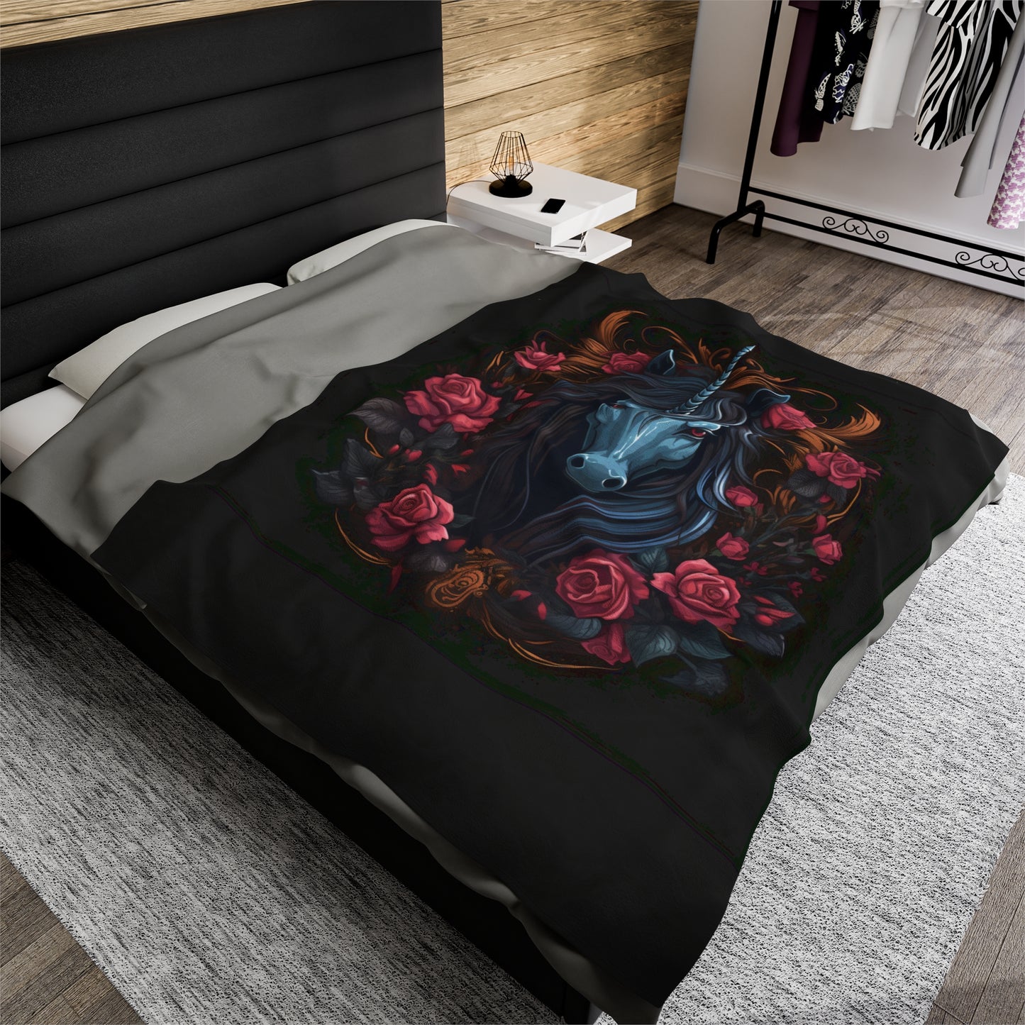 Enchanting Medieval Skeletal Black Unicorn! Velveteen Plush Blanket. Witchy Gifts Fairycore, Goth Gift for Her