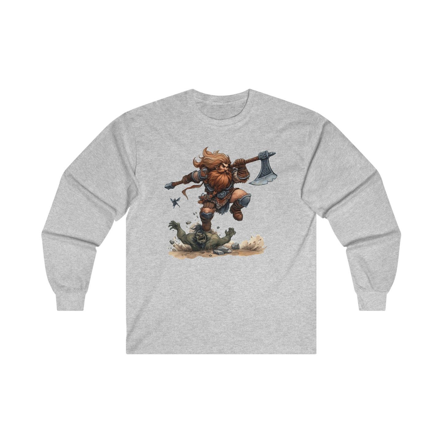 DND Artwork: Dynamic Dwarf Jumping an Imposing Orc - Epic Fantasy Battle Scene, Ultra Cotton Long Sleeve Tee