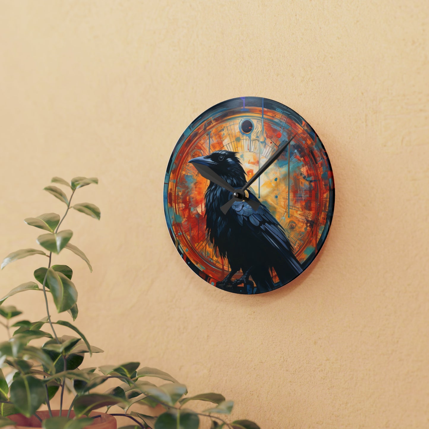 Haloed Crow Acrylic Wall Clock Art - Mystical and Whimsical Home Decor, Nature-Inspired, Magical Enchanting Timepiece, Whimsical Crow Design