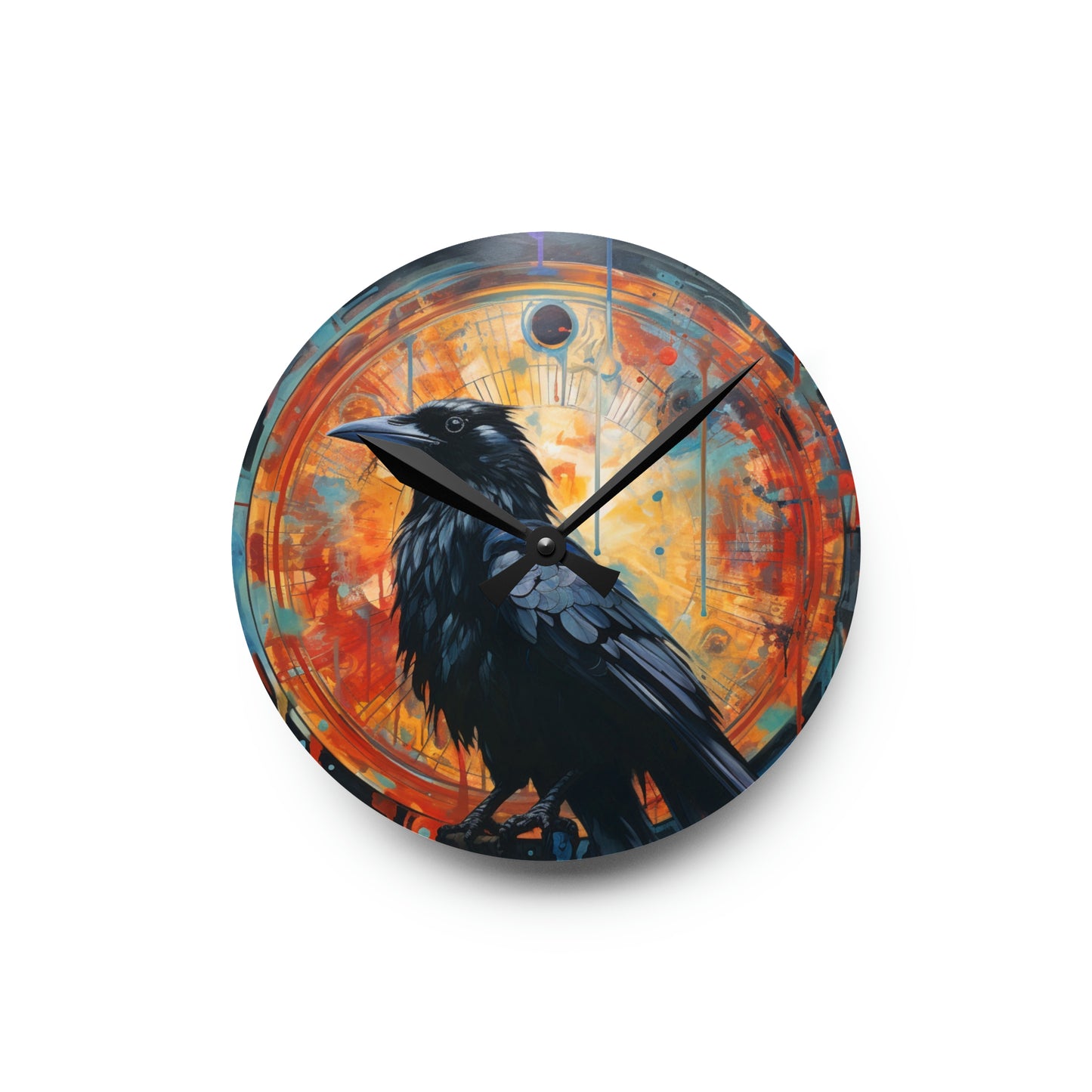 Haloed Crow Acrylic Wall Clock Art - Mystical and Whimsical Home Decor, Nature-Inspired, Magical Enchanting Timepiece, Whimsical Crow Design