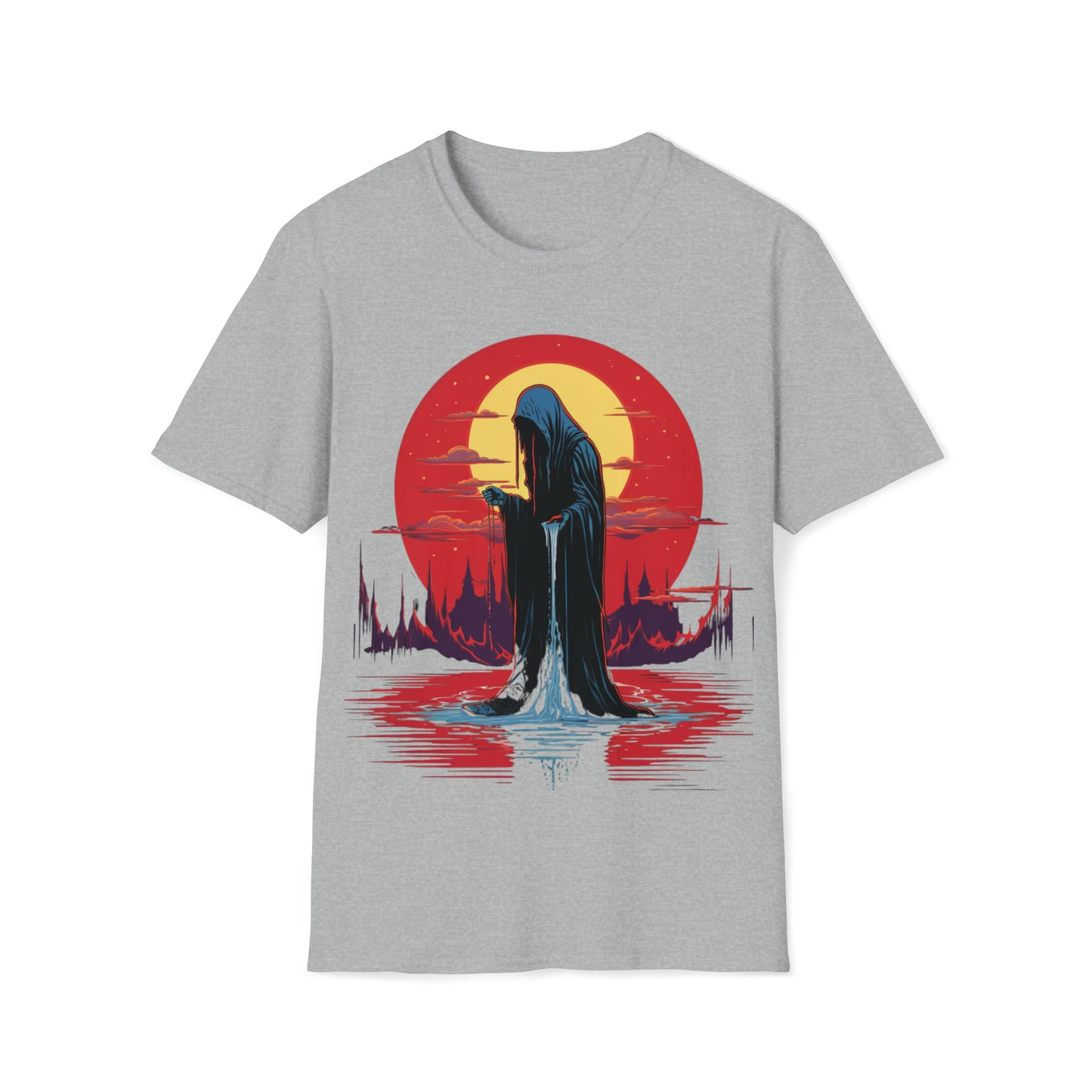 Halloween Reaper Red Sun Weeping on Pool of Black Water Tee Shirt - Eerie Fantasy Fashion