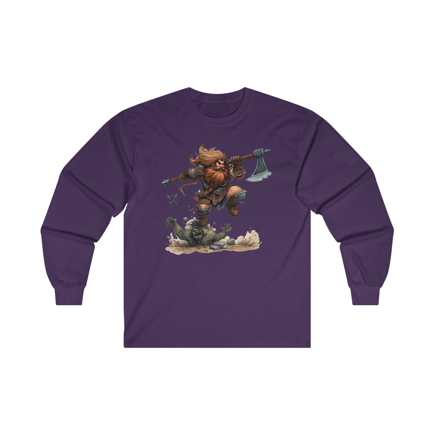 DND Artwork: Dynamic Dwarf Jumping an Imposing Orc - Epic Fantasy Battle Scene, Ultra Cotton Long Sleeve Tee