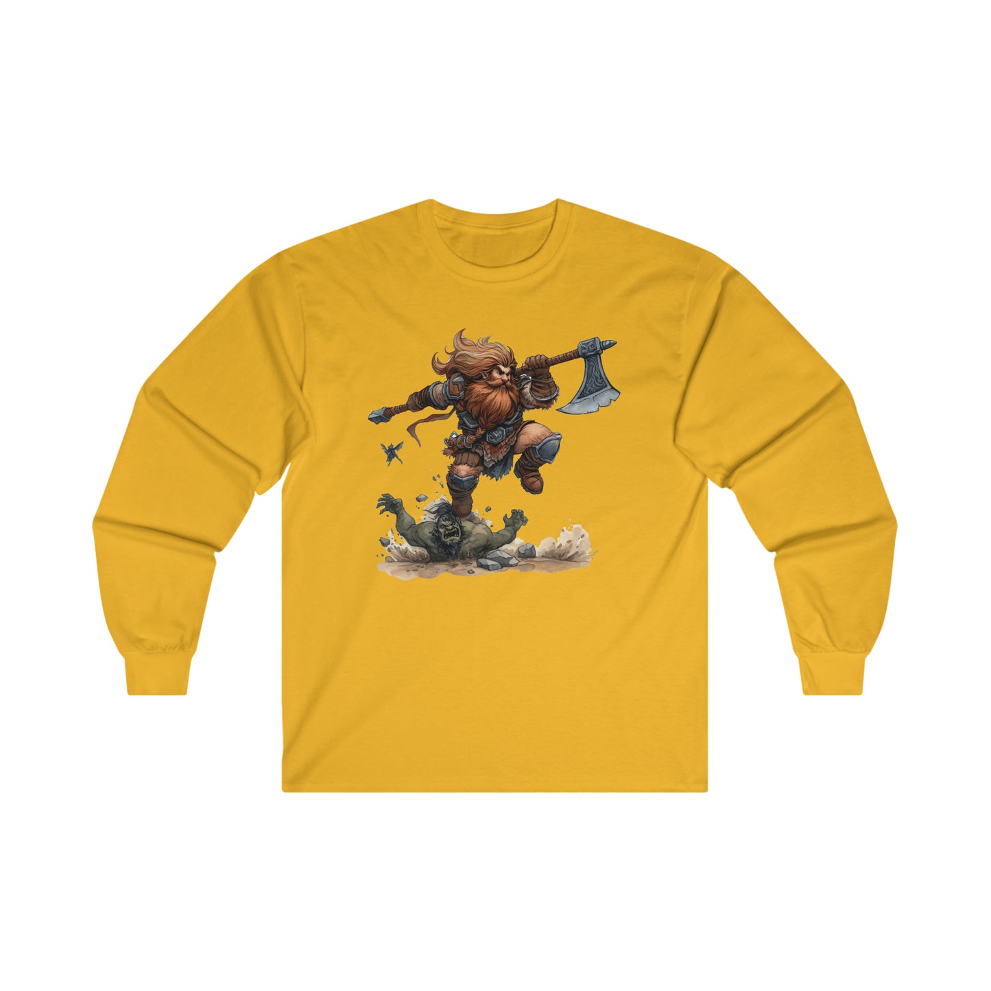 DND Artwork: Dynamic Dwarf Jumping an Imposing Orc - Epic Fantasy Battle Scene, Ultra Cotton Long Sleeve Tee