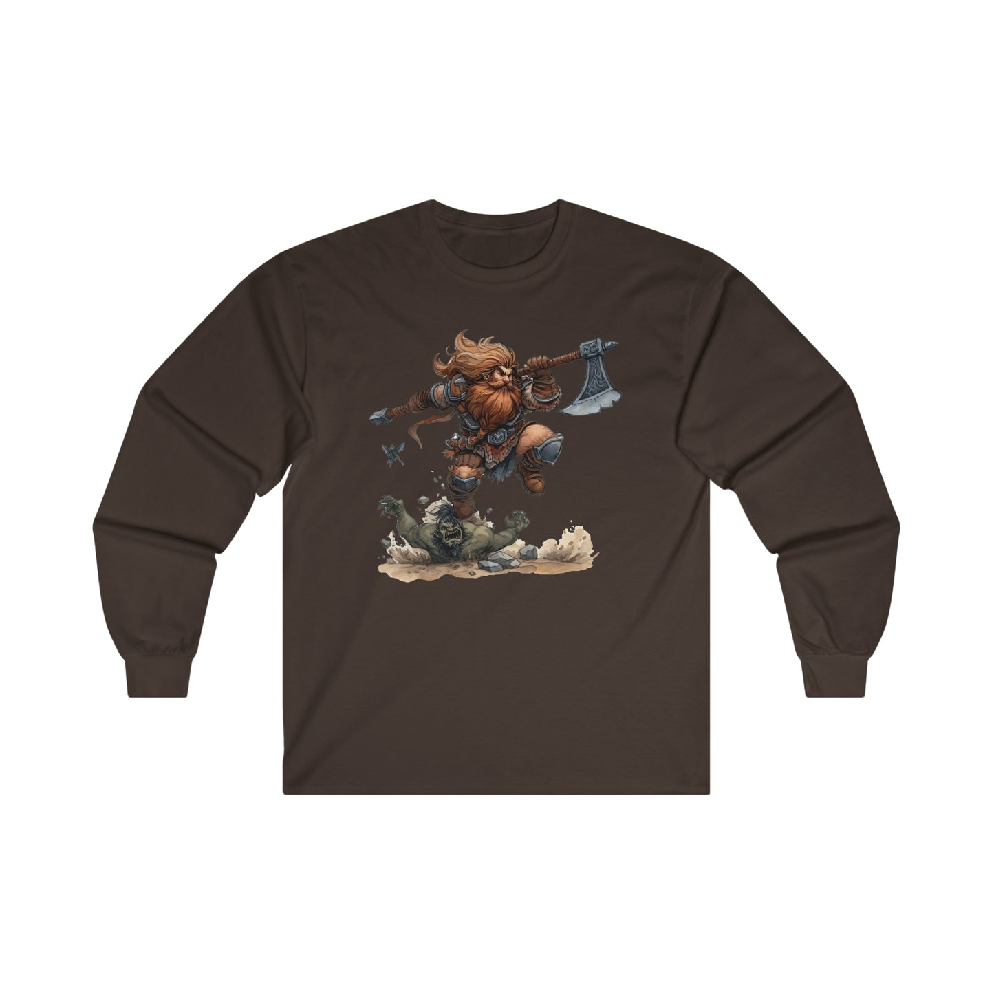 DND Artwork: Dynamic Dwarf Jumping an Imposing Orc - Epic Fantasy Battle Scene, Ultra Cotton Long Sleeve Tee