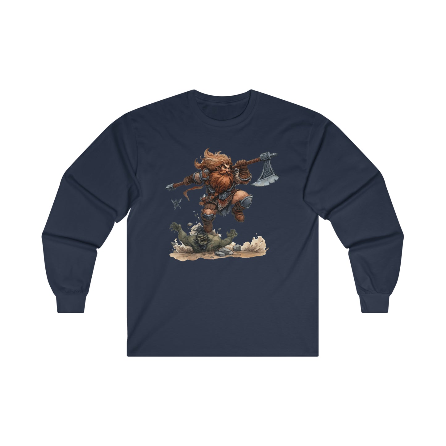 DND Artwork: Dynamic Dwarf Jumping an Imposing Orc - Epic Fantasy Battle Scene, Ultra Cotton Long Sleeve Tee