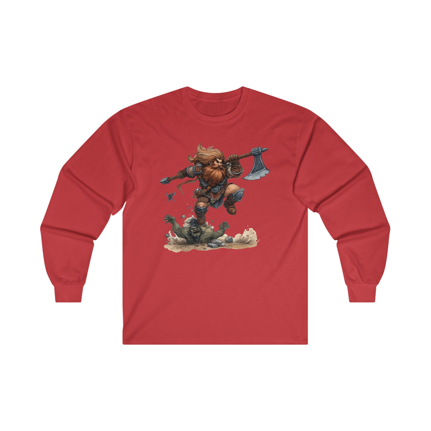 DND Artwork: Dynamic Dwarf Jumping an Imposing Orc - Epic Fantasy Battle Scene, Ultra Cotton Long Sleeve Tee