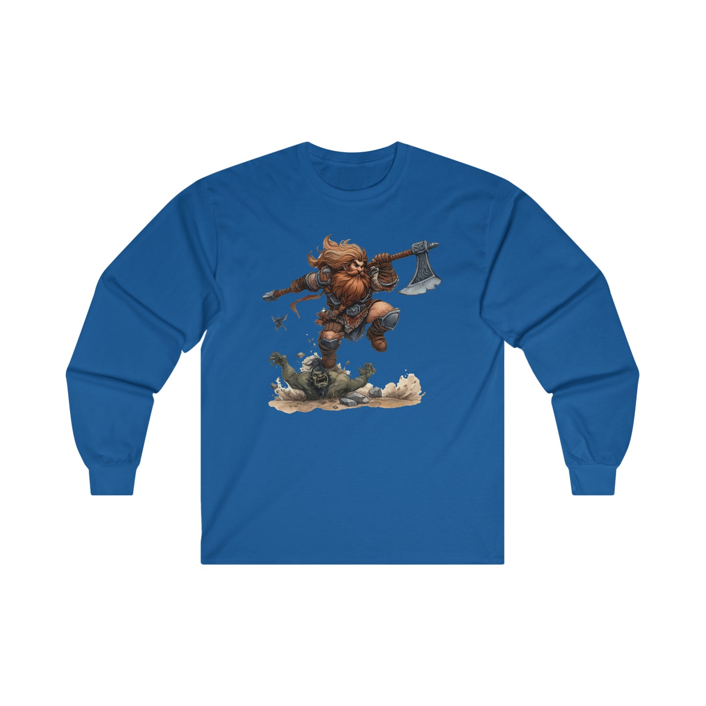DND Artwork: Dynamic Dwarf Jumping an Imposing Orc - Epic Fantasy Battle Scene, Ultra Cotton Long Sleeve Tee