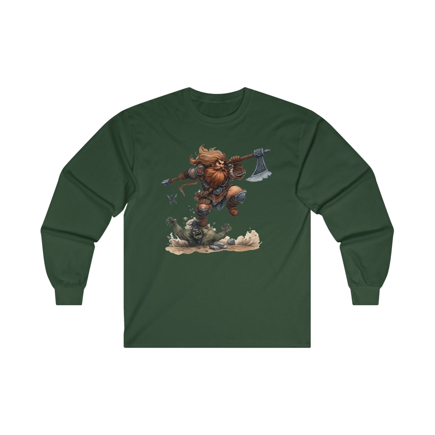 DND Artwork: Dynamic Dwarf Jumping an Imposing Orc - Epic Fantasy Battle Scene, Ultra Cotton Long Sleeve Tee