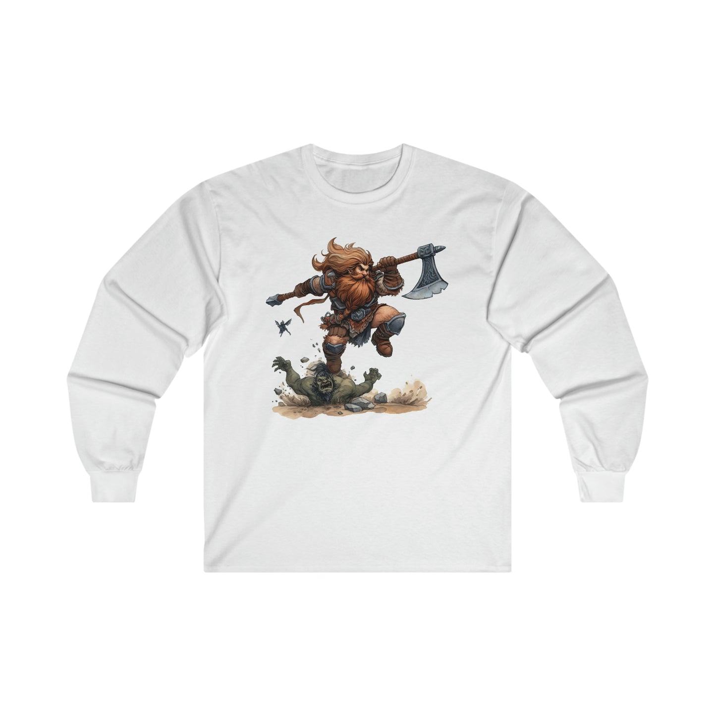 DND Artwork: Dynamic Dwarf Jumping an Imposing Orc - Epic Fantasy Battle Scene, Ultra Cotton Long Sleeve Tee