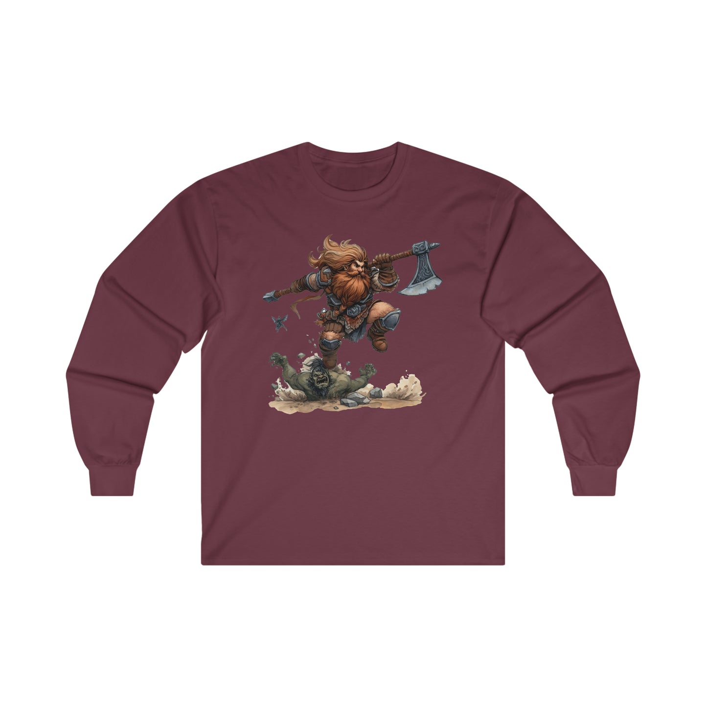 DND Artwork: Dynamic Dwarf Jumping an Imposing Orc - Epic Fantasy Battle Scene, Ultra Cotton Long Sleeve Tee