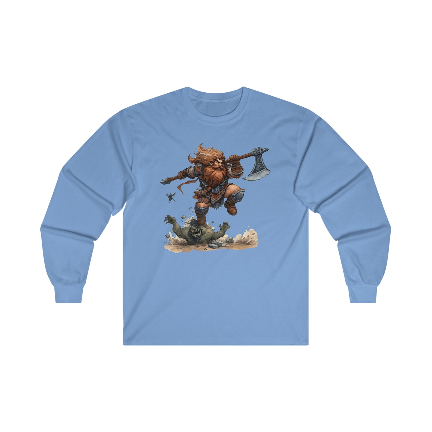 DND Artwork: Dynamic Dwarf Jumping an Imposing Orc - Epic Fantasy Battle Scene, Ultra Cotton Long Sleeve Tee