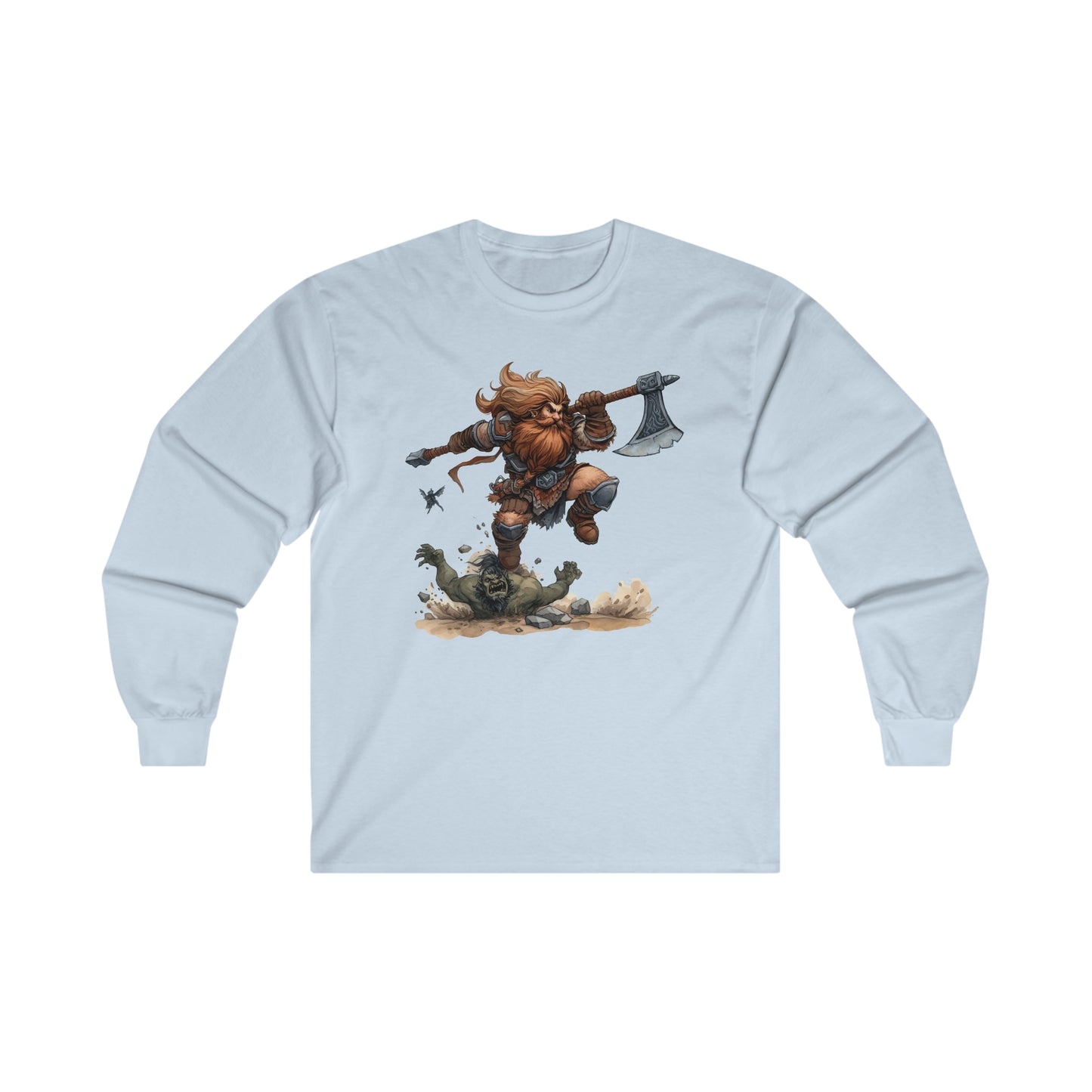 DND Artwork: Dynamic Dwarf Jumping an Imposing Orc - Epic Fantasy Battle Scene, Ultra Cotton Long Sleeve Tee