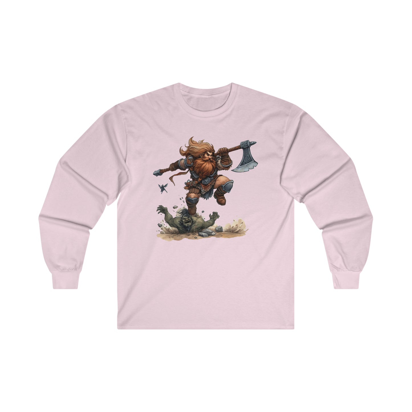 DND Artwork: Dynamic Dwarf Jumping an Imposing Orc - Epic Fantasy Battle Scene, Ultra Cotton Long Sleeve Tee