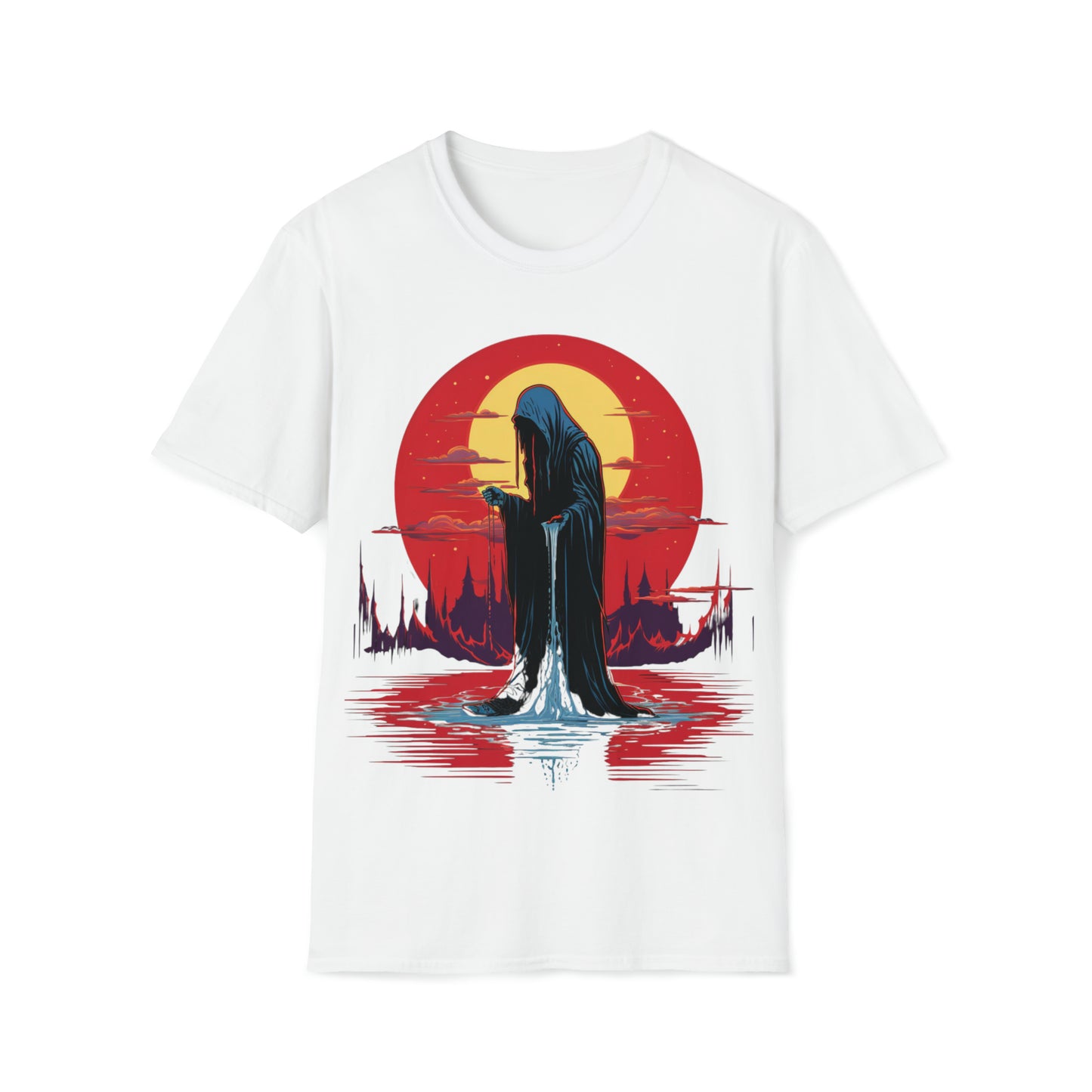 Halloween Reaper Red Sun Weeping on Pool of Black Water Tee Shirt - Eerie Fantasy Fashion