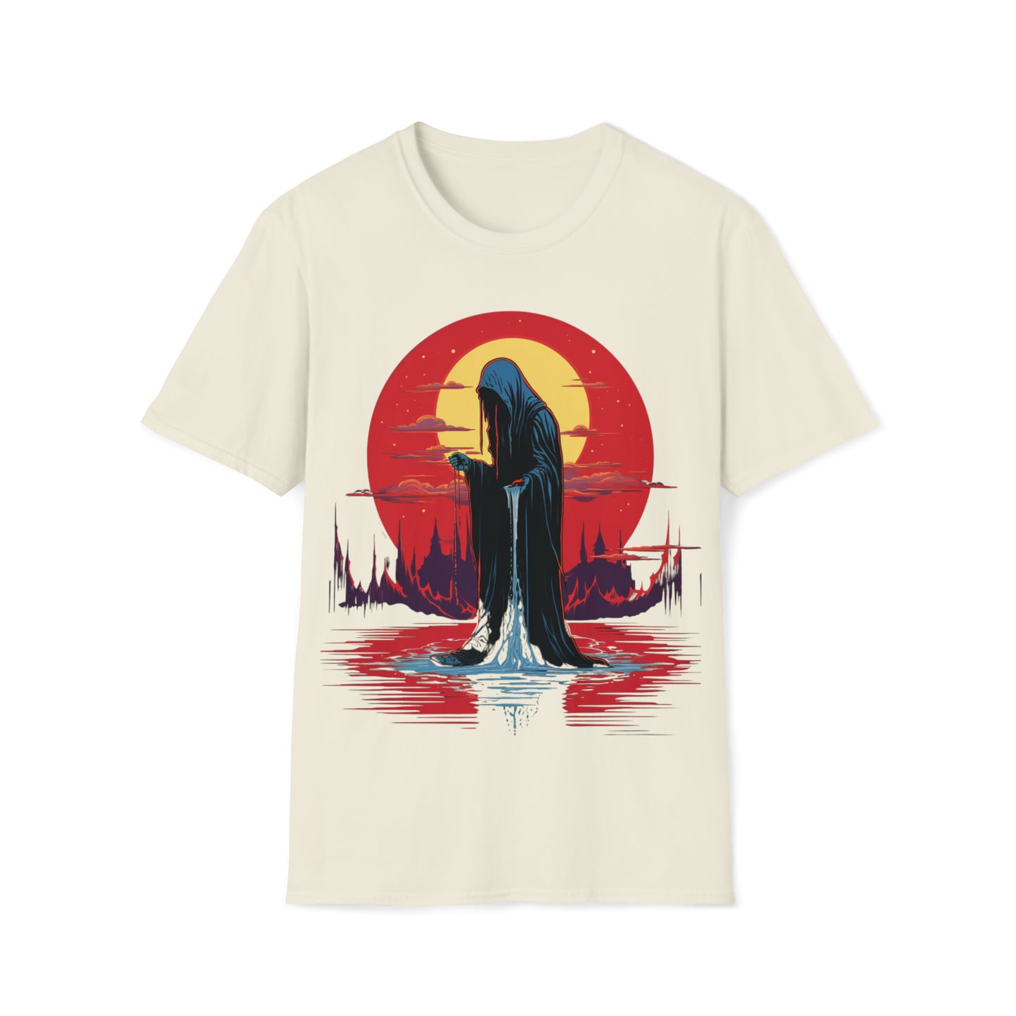 Halloween Reaper Red Sun Weeping on Pool of Black Water Tee Shirt - Eerie Fantasy Fashion