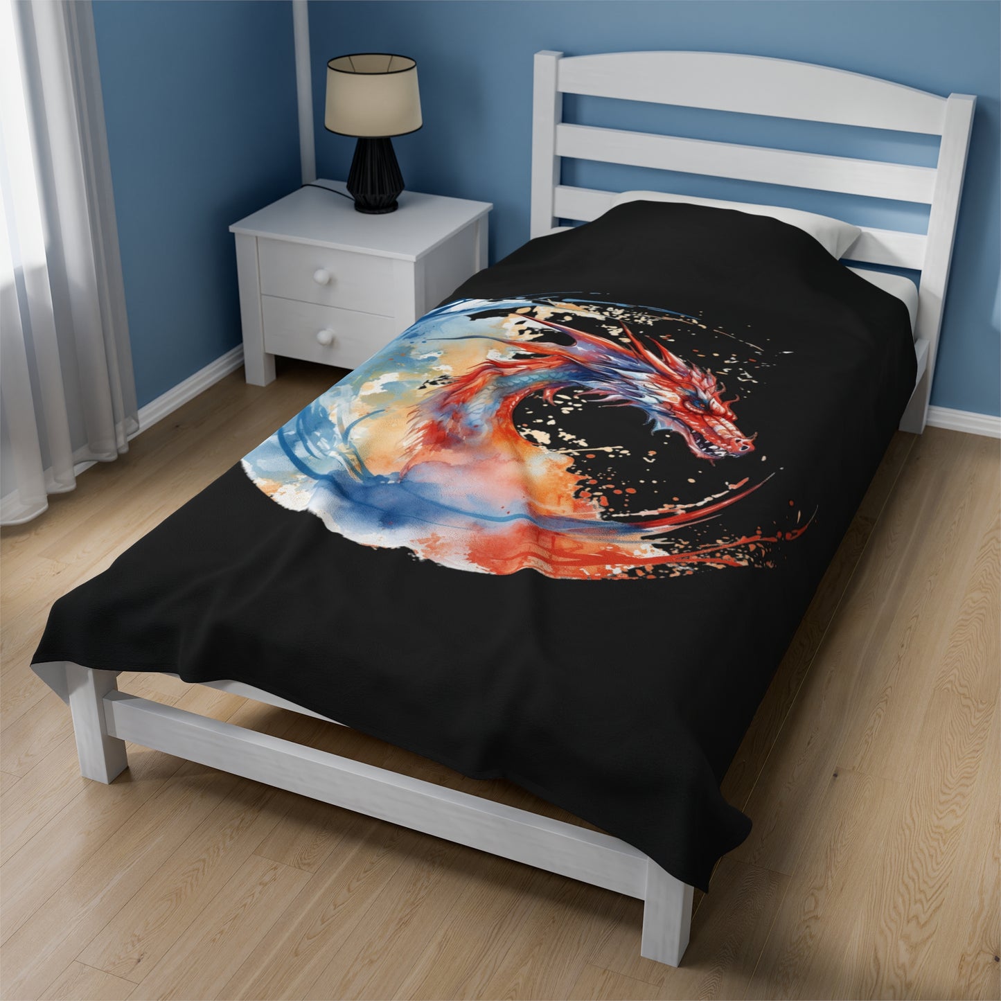 Dragon Watercolor Velveteen Plush Blanket - Captivating Fantasy Art Bedding, Magical Art, Dragon Lover, Enchanting Design, Mystical Beauty,