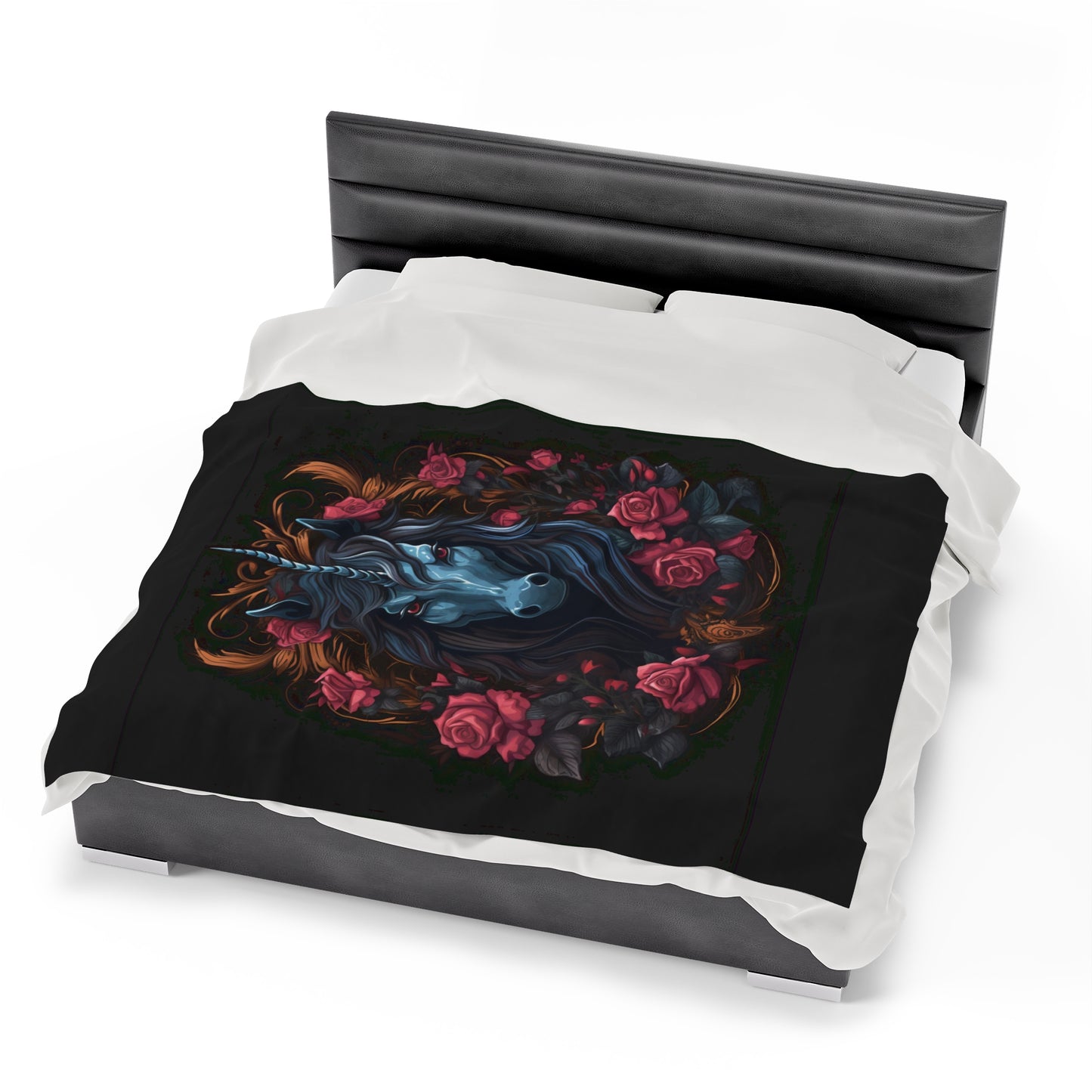 Enchanting Medieval Skeletal Black Unicorn! Velveteen Plush Blanket. Witchy Gifts Fairycore, Goth Gift for Her