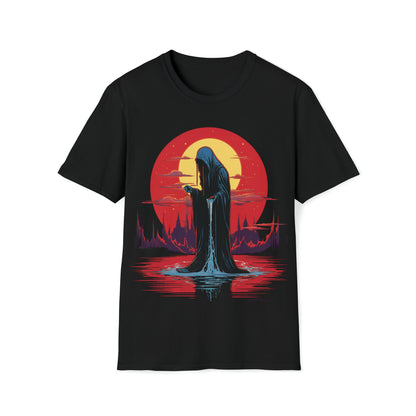 Halloween Reaper Red Sun Weeping on Pool of Black Water Tee Shirt - Eerie Fantasy Fashion